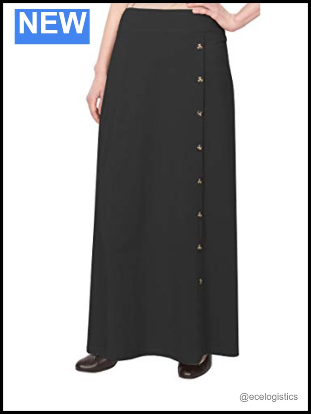 Stretch Cotton Knit Faux Button Front Maxi A-Line Skirt